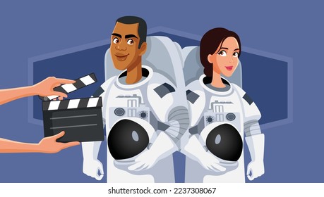 Crew Filming a Sci-Fi Movie Vector Cartoon Illustration. Actors filming a romantic love story in space wearing astronaut suits 
