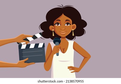 
Crew Filming a Talent Show with Musical Performance Vector Illustration. Female entertainer singing in a televised talent show 
