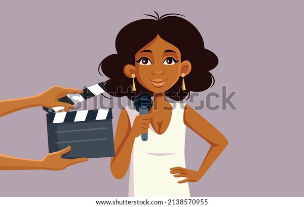 \
Crew Filming a Talent Show with Musical Performance\
Vector Illustration. Female entertainer singing in a televised\
talent show \
