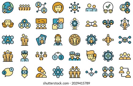 Crew icons set. Outline set of crew vector icons thin line color flat on white