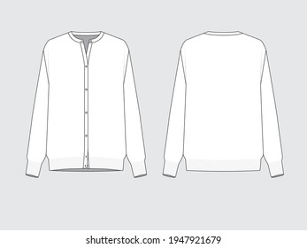 crew neck cardigan, front and back, drawing technical flat sketches of garments with vector illustration.