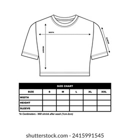 Crew neck crop top women's t-shirt Size Chart template drawing, basic t-shirt drawing