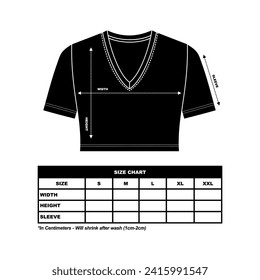 Crew neck crop top women's t-shirt Size Chart template drawing, basic t-shirt drawing