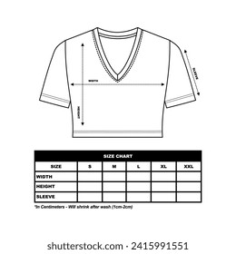 Crew neck crop top women's t-shirt Size Chart template drawing, basic t-shirt drawing