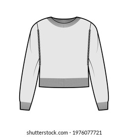 Crew neck cropped Sweater technical fashion illustration with long sleeves, relax fit, waist length, knit rib trim. Flat jumper apparel front, grey color style. Women, men unisex CAD mockup