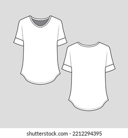 Crew Neck Curved hem T shirt top drop shoulder Sleeve cuff fashion cad drawing  flat sketch template