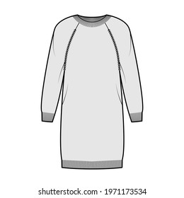 Crew neck dress Sweater technical fashion illustration with long raglan sleeves, relax fit, knee length, knit rib trim. Flat jumper apparel front, grey color style. Women, men unisex CAD mockup