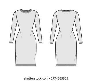 Crew neck dress Sweater technical fashion illustration with long sleeves, slim fit, knee length, knit rib trim. Flat jumper apparel front, back grey color style. Women, men unisex CAD mockup
