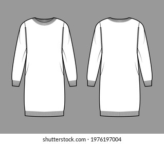 Crew neck dress Sweater technical fashion illustration with long sleeves, relax fit, knee length, knit rib trim. Flat jumper apparel front, back, white color style. Women, men unisex CAD mockup