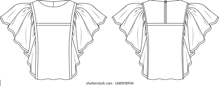 Crew neck flare sleeve ruffled blouse front and back view, vector fashion illustration