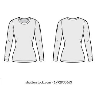 Crew neck jersey sweater technical fashion illustration with long sleeves, close-fitting shape, tunic length. Flat outwear apparel template front back grey color. Women men unisex shirt top CAD mockup