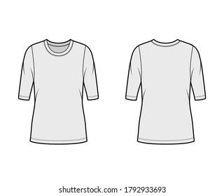 Crew neck jersey sweater technical fashion illustration with elbow sleeves, oversized body, tunic length. Flat outwear apparel template front, back grey color. Women, men unisex shirt top CAD mockup