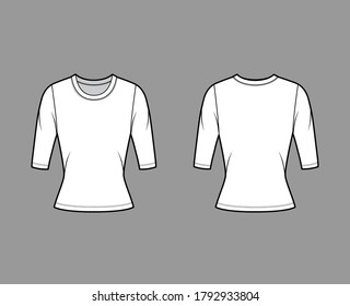 Crew neck jersey sweater technical fashion illustration with elbow sleeves, close-fitting shape. Flat outwear apparel template front back white color. Women, men unisex shirt top CAD mockup