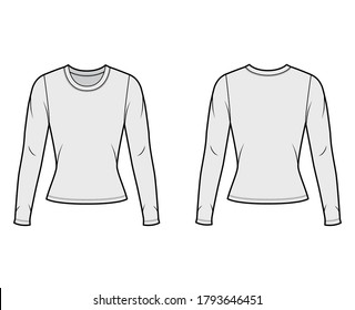 Crew neck jersey sweater technical fashion illustration with long sleeves, close-fitting shape. Flat outwear apparel template front, back grey color. Women men, unisex shirt top CAD mockup