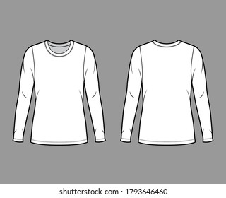 Crew neck jersey sweater technical fashion illustration with long sleeves, oversized body, tunic length. Flat outwear apparel template front back white color. Women men unisex shirt top CAD mockup