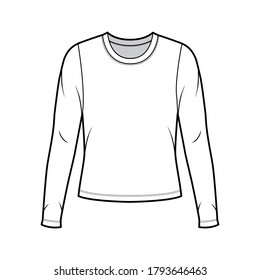 Crew neck jersey sweater technical fashion illustration with long sleeves, oversized body. Flat outwear apparel template front white color. Women men unisex shirt top CAD mockup