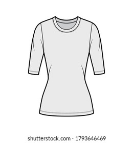 Crew neck jersey sweater technical fashion illustration with elbow sleeves, close-fitting shape, tunic length. Flat outwear apparel template front grey color. Women men unisex top CAD mockup