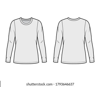 Crew neck jersey sweater technical fashion illustration with long sleeves, oversized body, tunic length. Flat outwear apparel template front back grey color. Women men unisex shirt top CAD mockup