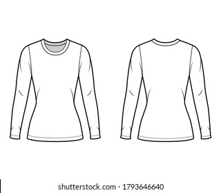 Ilustración técnica del suéter del cuello de la tripulación con mangas largas, longitud de la túnica de forma ajustada. Plantilla de ropa de vestir plana de color blanco trasero delantero. Mujeres hombres unisex camiseta top CAD mockup