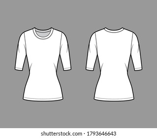 Crew neck jersey sweater technical fashion illustration with elbow sleeves, close-fitting shape, tunic length. Flat outwear apparel template front back white color. Women men unisex top CAD mockup