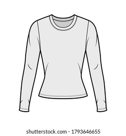 Crew neck jersey sweater technical fashion illustration with long sleeves, close-fitting shape. Flat outwear apparel template front, grey color. Women men, unisex shirt top CAD mockup