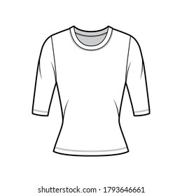 Crew neck jersey sweater technical fashion illustration with elbow sleeves, close-fitting shape. Flat outwear apparel template front white color. Women, men unisex shirt top CAD mockup