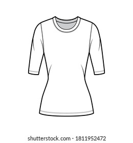 Crew neck jersey sweater technical fashion illustration with elbow sleeves, close-fitting shape, tunic length. Flat outwear apparel template front white color. Women men unisex top CAD mockup