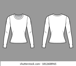 Crew neck jersey sweater technical fashion illustration with long sleeves, close-fitting shape. Flat outwear apparel template front, back white color. Women men, unisex shirt top CAD mockup