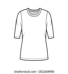 Crew neck jersey sweater technical fashion illustration with elbow sleeves, oversized body, tunic length. Flat outwear apparel template front, white color. Women, men unisex shirt top CAD mockup