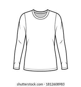 Crew neck jersey sweater technical fashion illustration with long sleeves, oversized body, tunic length. Flat outwear apparel template front white color. Women men unisex shirt top CAD mockup