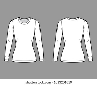 Crew neck jersey sweater technical fashion illustration with long sleeves, close-fitting shape tunic length. Flat outwear apparel template front back white color. Women men unisex shirt top CAD mockup