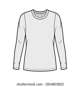 Crew neck jersey sweater technical fashion illustration with long sleeves, oversized body, tunic length. Flat outwear apparel template front grey color. Women men unisex shirt top CAD mockup