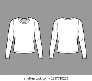 Crew neck jersey sweater technical fashion illustration with long sleeves, oversized body. Flat outwear apparel template front back white color. Women men unisex shirt top CAD mockup
