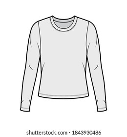 Crew neck jersey sweater technical fashion illustration with long sleeves, oversized body. Flat outwear apparel template front grey color. Women men unisex shirt top CAD mockup
