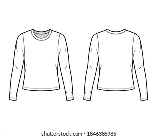 Crew neck jersey sweater technical fashion illustration with long sleeves, oversized body. Flat outwear apparel template front back white color. Women men unisex shirt top CAD mockup