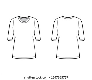 Crew neck jersey sweater technical fashion illustration with elbow sleeves, oversized body, tunic length. Flat outwear apparel template front, back white color. Women, men unisex shirt top CAD mockup