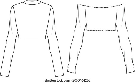 Suéter de la camiseta del cuello de la tripulación, ilustración técnica de moda con mangas largas, cuerpo sobredimensionado, longitud túnica. Plantilla de ropa de vestir plana de color blanco trasero delantero. Mujeres hombres unisex camiseta top CAD mockup