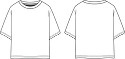 Crew Neck Jersey T-shirt Technical Fashion Illustration With Short Sleeves, Oversized Body, Tunic Length. Flat Sweater Apparel Template Front Back White Color. Women Men Unisex Outfit Top CAD Mockup