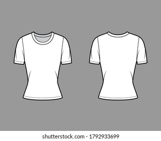 Crew neck jersey t-shirt technical fashion illustration with short sleeves, close-fitting shape. Flat sweater apparel template front, back white color. Women, men, unisex outfit top CAD mockup