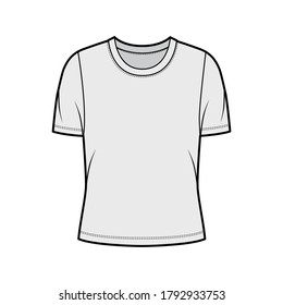 Camiseta técnica de la camiseta del cuello de la tripulación con mangas cortas, cuerpo sobredimensionado. Delantera de la plantilla de prendas de suéter planas, color gris. Mujeres, hombres unisex traje top CAD mockup