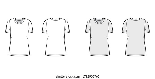 Crew neck jersey t-shirt technical fashion illustration with short sleeves, oversized body, tunic length. Flat apparel template front back white grey color. Women men unisex outfit top CAD mockup