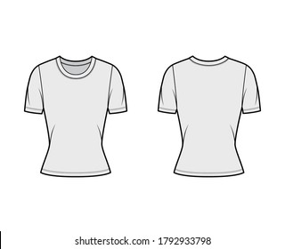 Camiseta técnica de la camiseta del cuello de la tripulación con mangas cortas, forma de ajuste de proximidad. Plantilla de prendas de suéter planas delantera, de color gris trasero. Mujeres, hombres, equipo unisex superior maquillaje CAD