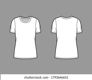 Crew neck jersey t-shirt technical fashion illustration with short sleeves, oversized body, tunic length. Flat sweater apparel template front back white color. Women men unisex outfit top CAD mockup