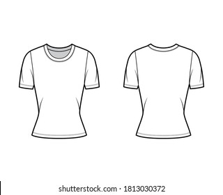 Crew neck jersey t-shirt technical fashion illustration with short sleeves, close-fitting shape. Flat sweater apparel template front, back white color. Women, men, unisex outfit top CAD mockup