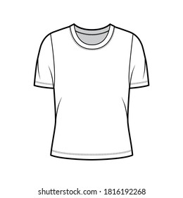 Crew neck jersey t-shirt technical fashion illustration with short sleeves, oversized body. Flat sweater apparel template front, white color. Women, men unisex outfit top CAD mockup