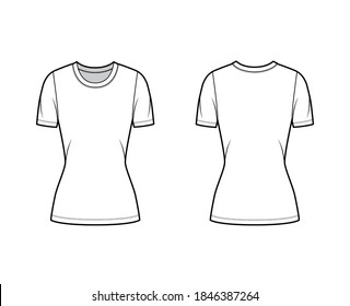 Crew neck jersey t-shirt technical fashion illustration with short sleeves, close-fitting shape, tunic length. Flat sweater apparel template front, back white color. Women, men, unisex outfit top CAD