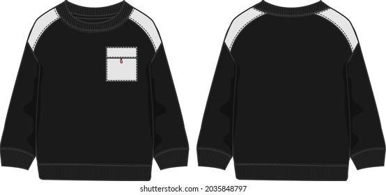 Crew neck Long sleeve With pocket cotton fleece jersey sweatshirt two color black, white vector fashion template for men’s. 