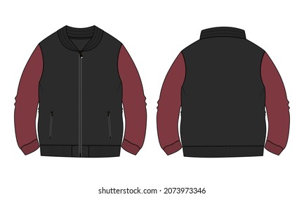 Crew neck Long sleeve With pocket, Zipper cotton fleece jersey sweatshirt jacket vector fashion template for men’s Front, back views. Dress design mock up red, black body color Easy edit, Customizable
