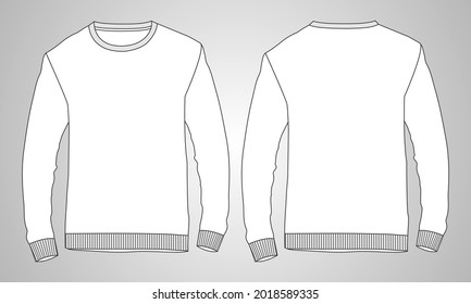 Crew neck Long sleeve Sweatshirt overall fashion Flat Sketches technical drawing vector template For men's. Apparel dress design mockup CAD illustration. Sweater fashion design isolated on Light grey.