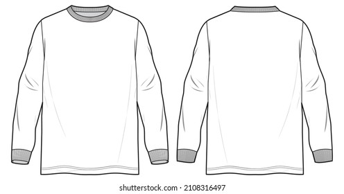 crew neck long sleeve sweatshirt fashion flat sketch vector illustration front and back view template CAD mockup